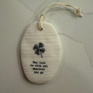 East of India Porcelain Good Luck Hanging Tag Four Leaf Clover White 6312